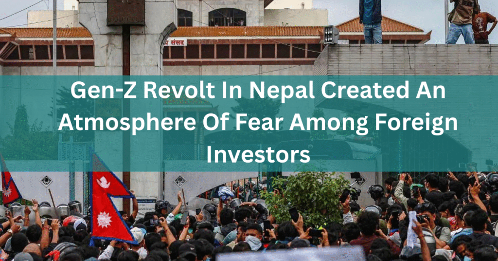 Gen-Z protesters with Nepal flags demonstrating in streets creating investor uncertainty and foreign investment fears during political crisis
