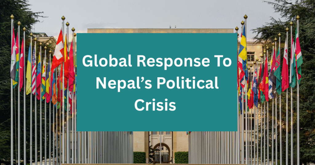 International flags at diplomatic venue representing global response and foreign policy concerns regarding Nepal's political crisis